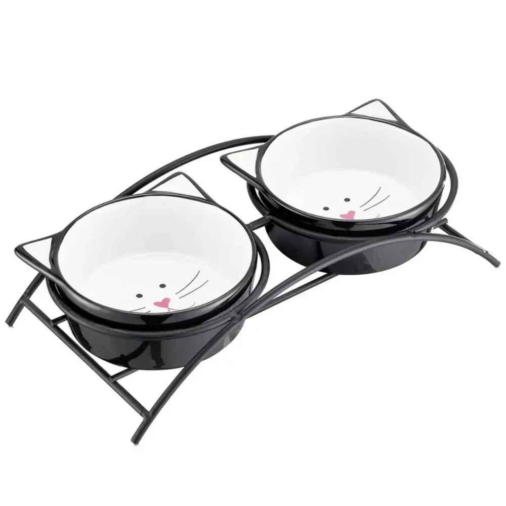 Cat Bowl with Stand Elevated Pet Feeder (Black/White)
